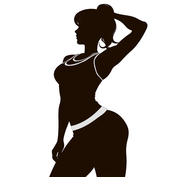 Athletic Young Woman Leggings Shorts Vector Portrait Black White Silhouette — Stock Vector