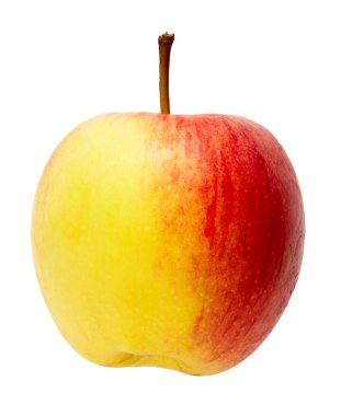 Sarı ve kırmızı renkli taze bir elma beyaz arka planda yakın çekim izolasyonunda, yemek kavramları ve sağlıklı beslenme görselleri için mükemmel..