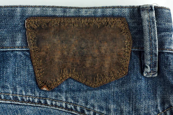 Etiqueta Couro Marrom Costurada Jeans — Fotografia de Stock