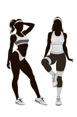 Siluet, atletik kadın, siyah beyaz, spor fitness insan vücut vektörü