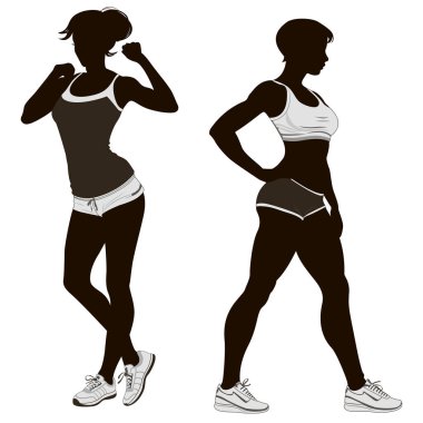 Siluet, atletik kadın, siyah beyaz, spor fitness insan vücut vektörü