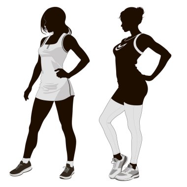 Siluet, atletik kadın, siyah beyaz, spor fitness insan vücut vektörü