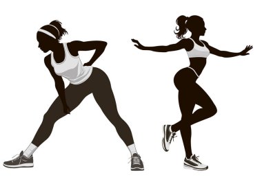 Siluet, atletik kadın, siyah beyaz, spor fitness insan vücut vektörü