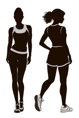 Siluet, atletik kadın, siyah beyaz, spor fitness insanları vücut vektörü