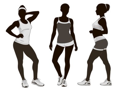 Siluet, atletik kadın, siyah beyaz, spor fitness insan vücut vektörü