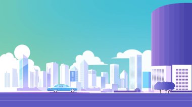 Tırpanlı ve konutlu modern şehir merkezi. Renkli panoramik şehir manzarası. Megalopolis şehri. Metropolis silueti. Şehir manzarası. Düz biçimli vektör illüstrasyonu