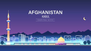 Afganistan gece şehir silueti yüksek bir kule ve hilal, arkaplan, tipografi tarzı