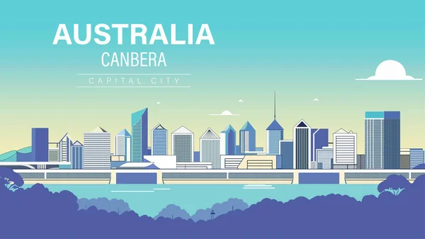 stock vector Australian capital Canberra skyline background with dense vegetation on the banks of the river digital rendering, typographic style, flat design