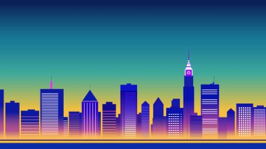 Mavi gökyüzü ve sarı ve mor arkaplanlı şehir silueti