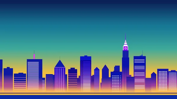 Stad Skyline Met Een Blauwe Lucht Een Gele Paarse Achtergrond — Stockvector