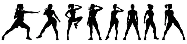 一组女性的轮廓 手放在海马上 将头发高举在空中 — 图库矢量图片