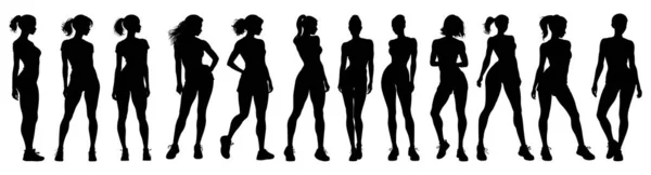Groupe Silhouettes Femmes Avec Leurs Mains Sur Hanche Tenant Leurs — Image vectorielle