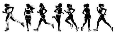 Beyaz arka planda bir maratonda koşan bir kadın, siyah beyaz bir kadın silueti.