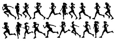 Beyaz arka planda bir maratonda koşan bir kadın, siyah beyaz bir kadın silueti.