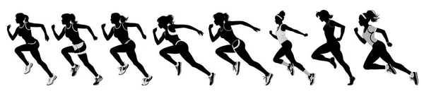 女性の白い背景 黒と白のシルエットでマラソンで走っている女性 — ストックベクタ