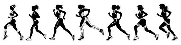 Γυναίκα Τρέχει Ένα Μαραθώνιο Λευκό Φόντο Ασπρόμαυρη Σιλουέτα Μιας Γυναίκας — Διανυσματικό Αρχείο