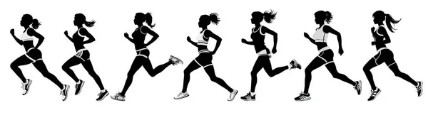 Γυναίκα Τρέχει Ένα Μαραθώνιο Λευκό Φόντο Ασπρόμαυρη Σιλουέτα Μιας Γυναίκας — Διανυσματικό Αρχείο