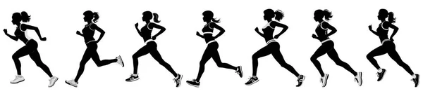 Kobieta Biegnąca Maratonie Białym Tle Czarno Biała Sylwetka Kobiety — Wektor stockowy