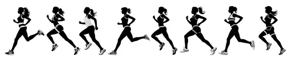 女性の白い背景 黒と白のシルエットでマラソンで走っている女性 — ストックベクタ