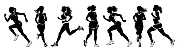 Žena Běží Maratonu Bílém Pozadí Černá Bílá Silueta Ženy — Stockový vektor