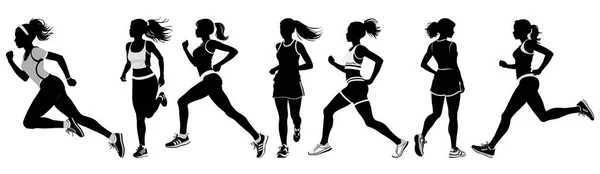 Mujer Corriendo Una Maratón Sobre Fondo Blanco Silueta Blanca Negra — Vector de stock