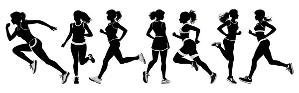 Mulher Correndo Uma Maratona Fundo Branco Silhueta Preto Branco Uma —  Vetores de Stock