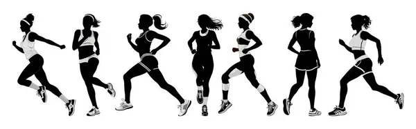 Vrouw Loopt Een Marathon Een Witte Achtergrond Zwart Wit Silhouet — Stockvector