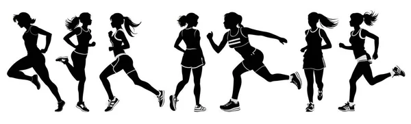 穿着白色背景的马拉松赛跑的女人 一个女人的黑白轮廓 — 图库矢量图片
