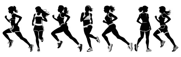 Beyaz Arka Planda Bir Maratonda Koşan Bir Kadın Siyah Beyaz — Stok Vektör