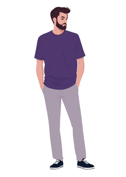 Бородатый Мужчина Фиолетовой Футболке Белых Брюках Стоит Руками Карманах — стоковый вектор