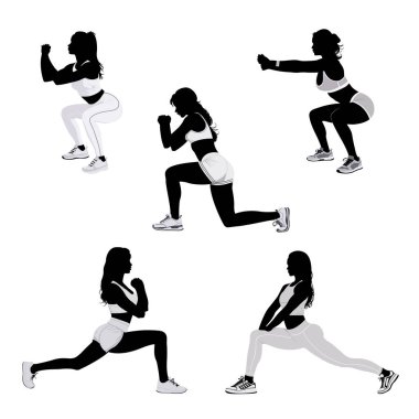 Ayrıntılı atletik giyimli çömelmiş spor kadınlarının zarif siluet vektör çizimi