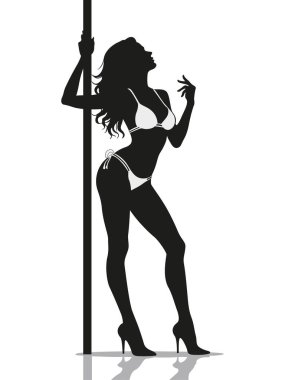 Seksi kıvrımlı kadın striptizci, striptiz yapıyor direkte striptiz yapıyor, vücudunu gösteriyor, beyaz arka planda siyah vektör silueti var.