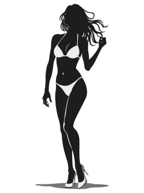 Şık bir bikini giyen kendine güvenen bir kadının şık silueti zarafet ve cazibe yayar.