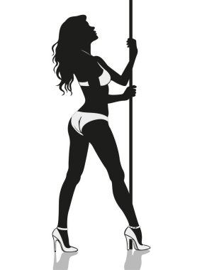 An elegantly captivating silhouette of a dancer skillfully engaging with a pole while in high heels and stylish attire clipart