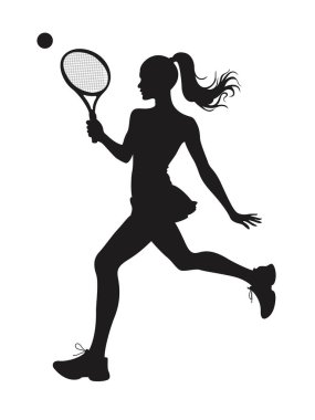 Kararlı bir bayan tenisçinin dinamik silueti koşuyor ve topa vurmaya hazırlanıyor.