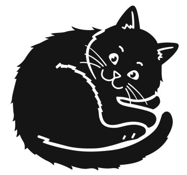 Siyah ve beyaz bir kedinin siyah ve beyaz çizimi kıvrılmış, izleyiciye neşeyle bakıyor. Minimalist siluet beyaz bir arkaplanda izole edilmiş, tasarım projeleri için mükemmel.