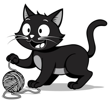 Bir çizgi film kedisinin büyüleyici siyah-beyaz çizimi. Kocaman gözleri olan, mutlu bir şekilde yün yumağıyla oynayan bir kedi. Tasarım basit, minimalist ve beyaz bir arka planda izole edilmiş.