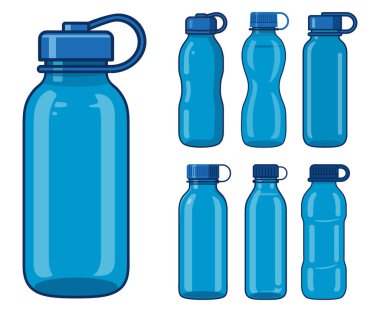 Farklı şekillerde mavi plastik şişeler ve temiz vektör illüstrasyonunda vida kapakları, minimalist tarzda ambalaj tasarım varyasyonları gösterilir.