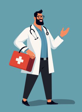 Beyaz önlüklü bir sağlık görevlisi elinde steteskoplu kırmızı bir tıbbi çanta tutuyor. Turkuaz arka planda minimalist vektör çizimi..