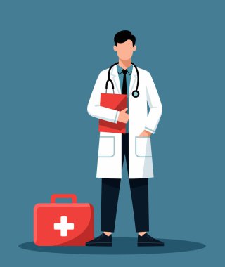 Beyaz önlüklü bir sağlık uzmanı elinde steteskoplu kırmızı bir tıbbi dosya tutuyor. Mavi arka planda minimalist vektör çizimi..