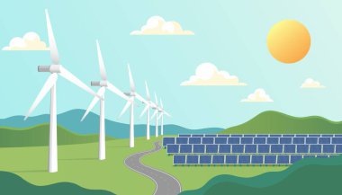 Mavi gökyüzünün altındaki yeşil alan üzerindeki rüzgar türbini ve güneş panelinin vektör çizimi, temiz enerji ve sürdürülebilirliği simgeliyor.