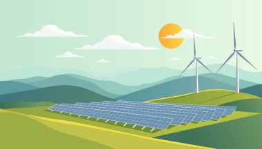 Güneş panelleri ve uzak rüzgar türbinleri temiz yenilenebilir enerji teknolojisini sembolize ediyor..