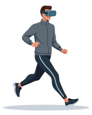Koşarken VR kulaklık takan bir adamın minimalist vektör çizimi, fitness ve sanal gerçeklik teknolojisinin birleşimini sembolize ediyor..