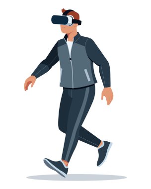 Beyaz arka plandaki fitness ve sanal gerçeklik teknolojisini sembolize eden, VR kulaklık takan bir koşucunun dinamik vektör çizimi.