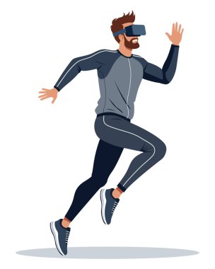 Sakallı adam vektör illüstrasyonunda VR kulaklığıyla koşuyor. Sanal zindelik ve dijital dalmayı simgeliyor..