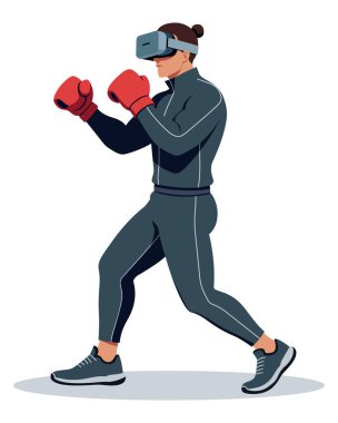 Kırmızı boks eldivenli ve dövüş duruşu VR kulaklı adam, beyaz arka planda izole vektör illüstrasyonu, dijital fitness konsepti