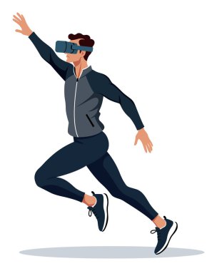 Spor kıyafetli bir adam VR kulaklık takıyor. Dinamik hareketler yapıyor. Beyaz arka planda görsel eğitim veriyor..