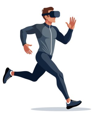 Sanal ortamlarda modern fitness eğitimini sembolize eden VR kulaklıklı bir adam öne doğru koşuyor.