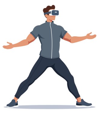 Spor kıyafetli bir adam VR kulaklık takıyor aktif sanal hareket yapıyor, beyaz arka planda izole edilmiş, fitness konsepti var..