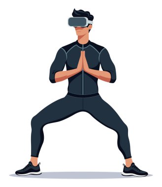 Atletik kıyafetli, VR kulaklık takan, yoga yapan beyaz arka planda izole edilmiş, dijital fitness yeniliğini simgeleyen bir adam..